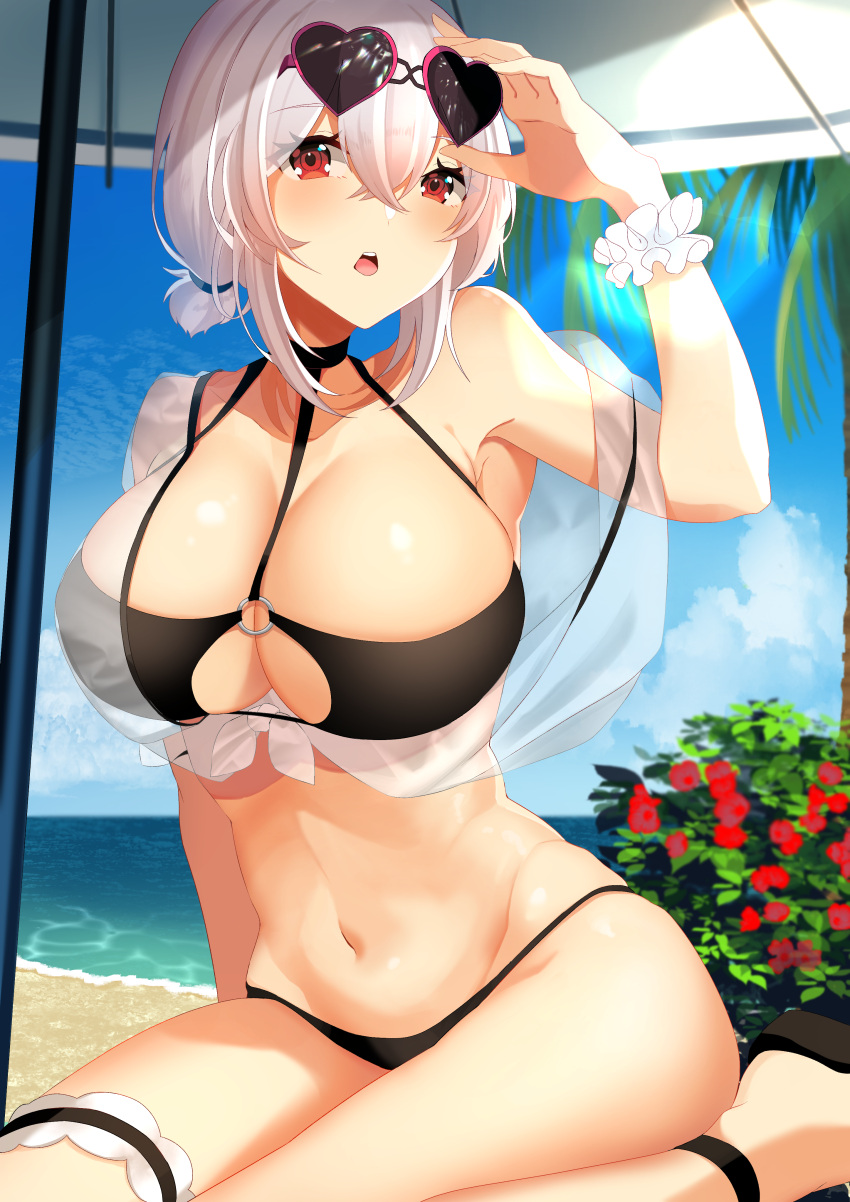 1girl absurdres alternate_costume azur_lane bangs beach bikini black_bikini breasts choker collarbone commentary_request crossed_bangs day eyebrows_visible_through_hair eyes_visible_through_hair eyewear_on_head frilled_cuffs hair_between_eyes hand_up heart heart-shaped_eyewear highres large_breasts looking_at_viewer navel o-ring o-ring_top open_mouth outdoors partial_commentary red_eyes sanba_tsui sheer_clothes short_hair sidelocks sirius_(azur_lane) sirius_(midsummer_seirios)_(azur_lane) sitting sky solo stomach sunglasses swimsuit thigh_strap white_hair wrist_cuffs