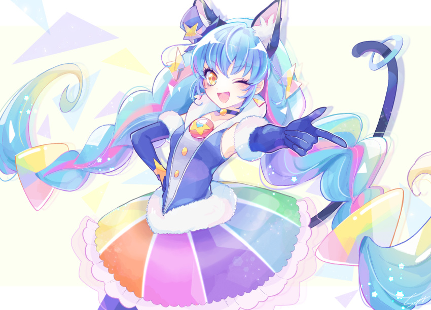 1girl ;d animal_ears blue_choker blue_gloves blue_hair cat_ears cat_tail choker cure_cosmo earrings eyebrows_visible_through_hair gloves hand_on_hip hat jewelry long_hair looking_at_viewer magical_girl mini_hat multicolored multicolored_clothes multicolored_skirt one_eye_closed open_mouth orange_eyes precure skirt smile solo spoilers star_twinkle_precure suyamii tail twintails very_long_hair yuni_(precure)