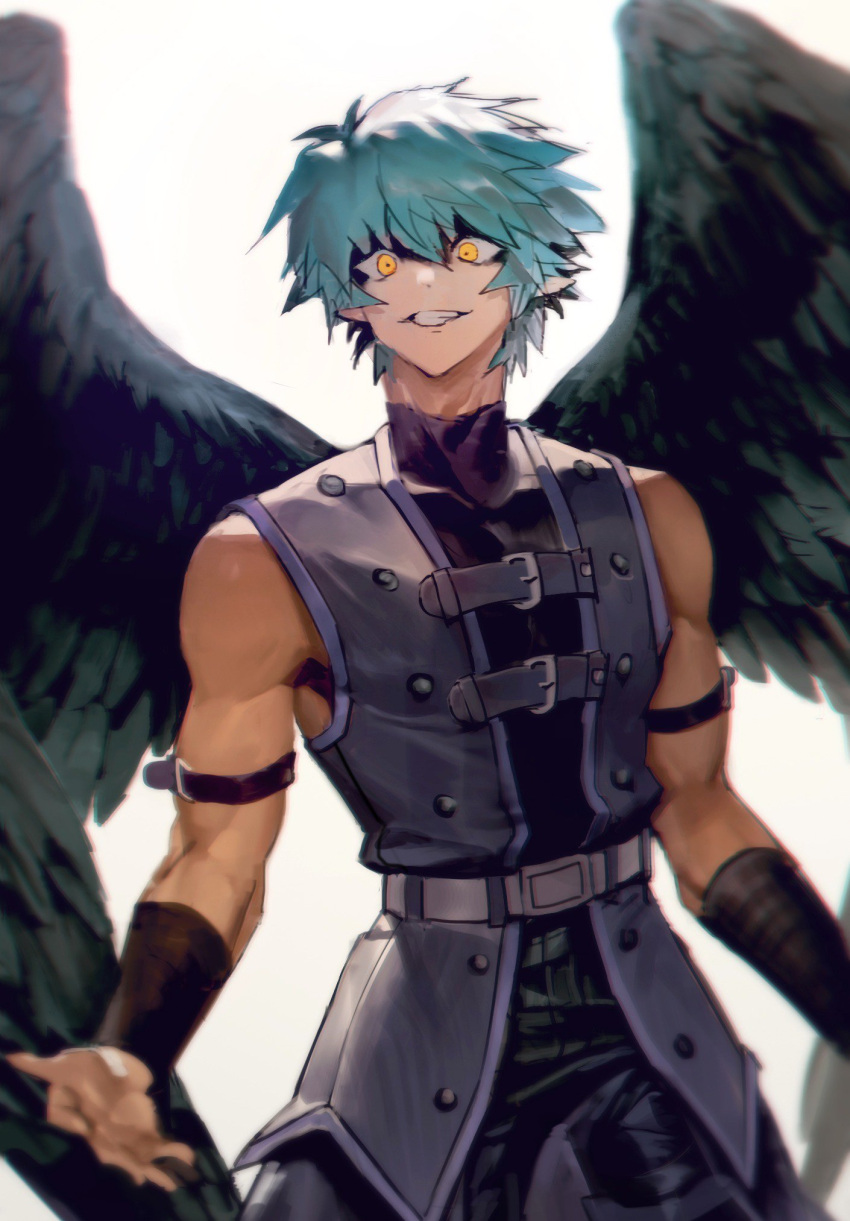 1boy belt cocaduel green_hair highres johan_andersen looking_at_viewer male_focus simple_background sleeveless smile white_background wings yellow_eyes yubel yuu-gi-ou yuu-gi-ou_gx