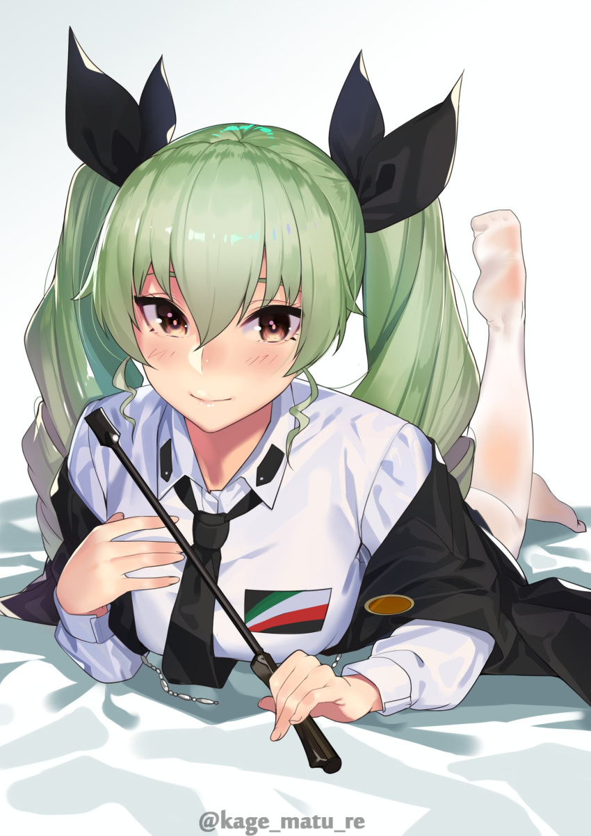 1girl anchovy anzio_school_uniform black_neckwear blush brown_eyes drill_hair girls_und_panzer green_eyes green_hair hair_between_eyes highres kagematsuri looking_at_viewer lying off_shoulder on_stomach pantyhose riding_crop school_uniform smile solo the_pose twin_drills twintails white_background