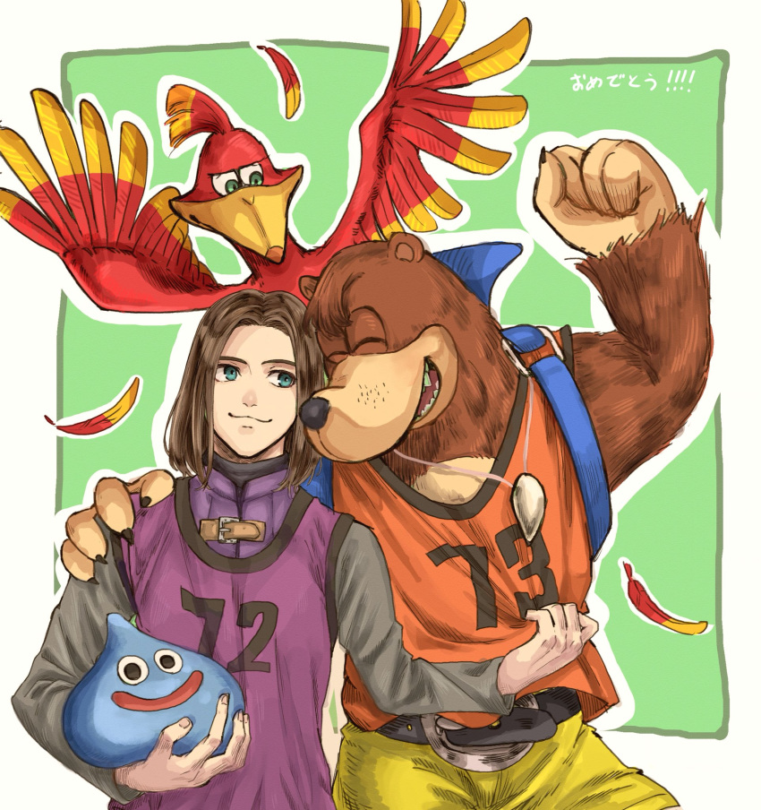 1girl 2boys animal banjo-kazooie banjo_(banjo-kazooie) bear belt bird blob brown_hair closed_eyes dragon_quest dragon_quest_xi feathers green_background green_eyes hair_intakes hero_(dq11) highres human jersey kamekomaru kazooie_(banjo-kazooie) layered_clothing looking_at_another microsoft multiple_boys nintendo orange_shirt outline purple_shirt rareware shirt shorts simple_background sleeveless sleeveless_shirt slime_(dragon_quest) sora_(company) square_enix super_smash_bros. super_smash_bros._ultimate toei_animation tooth_necklace white_outline yellow_shorts