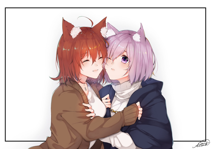2girls absurdres ahoge animal_ear_fluff animal_ears brown_cardigan brown_hair cardigan closed_eyes closed_mouth collarbone fate/grand_order fate_(series) fox_ears fujimaru_ritsuka_(female) highres jewelry long_sleeves marei_(mercy) mash_kyrielight multiple_girls necklace one_eye_closed open_cardigan open_clothes purple_hair shiny shiny_hair short_hair signature sweater turtleneck turtleneck_sweater upper_body violet_eyes white_background white_sweater