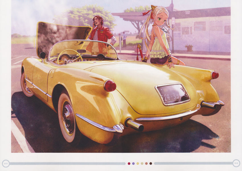 1boy 1girl absurdres bangs bare_shoulders beard blonde_hair breasts car cop_craft:_dragnet_mirage_reloaded facial_hair ground_vehicle highres jewelry long_hair matoba_kei motor_vehicle murata_renji phone scan small_breasts tilarna_exedilika twintails