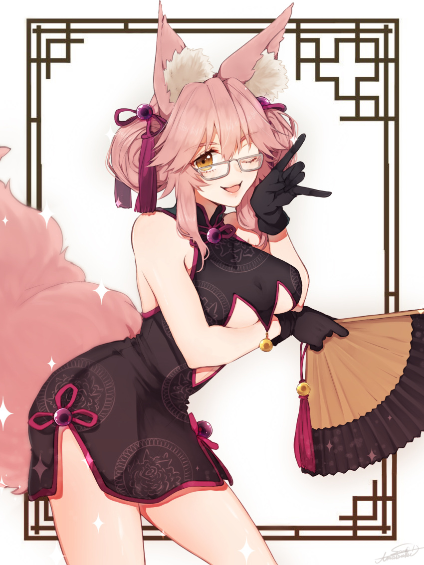 1girl ;d animal_ear_fluff animal_ears black_dress black_gloves breasts brown_eyes dress fan fate/extra fate_(series) fox_ears fox_tail glasses gloves grey-framed_eyewear hair_between_eyes highres holding holding_fan long_hair looking_at_viewer marei_(mercy) medium_breasts one_eye_closed open_mouth pink_hair print_dress short_dress sleeveless sleeveless_dress smile solo standing tail tamamo_(fate)_(all) tamamo_no_mae_(fate) tied_hair under_boob white_background