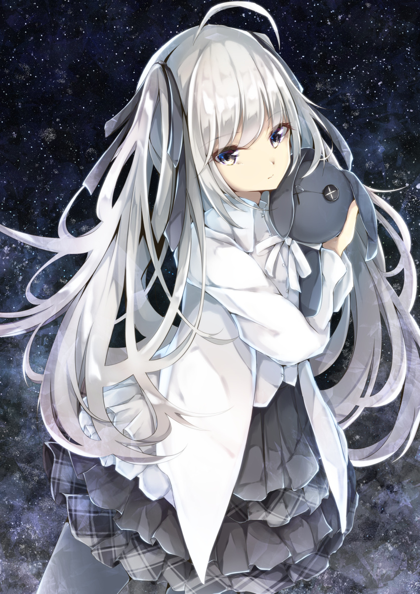 1girl ahoge bangs black_ribbon closed_mouth collared_shirt commentary_request cucchiore dress_shirt eyebrows_visible_through_hair grey_eyes grey_legwear grey_skirt hair_between_eyes hair_ribbon highres jacket kasugano_sora layered_skirt long_hair long_sleeves looking_at_viewer night night_sky object_hug open_clothes open_jacket plaid plaid_skirt pleated_skirt ribbon shirt silver_hair skirt sky solo star_(sky) starry_sky stuffed_animal stuffed_bunny stuffed_toy thigh-highs twintails very_long_hair white_jacket white_shirt yosuga_no_sora