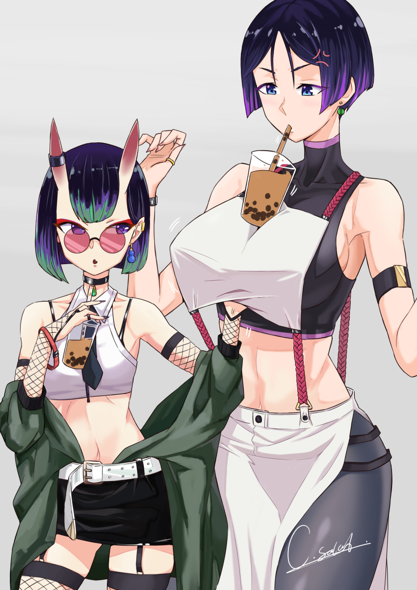 2girls absurdres alternate_hair_length alternate_hairstyle anger_vein armlet artist_name bangs bare_shoulders belt black_shirt black_skirt blue_eyes bob_cut bracelet breasts bridal_gauntlets bubble_tea bubble_tea_challenge caesar_salad casual choker collarbone cowboy_shot cup drink ear_piercing earrings eyeliner eyeshadow fang fate/grand_order fate_(series) fishnet_armwear garter_straps gourd green_earrings green_jacket grey_background hand_under_clothes hands_up highlights highres holding holding_cup horn_ring horns jacket jewelry large_breasts long_skirt looking_at_another makeup meme midriff minamoto_no_raikou_(fate/grand_order) miniskirt multicolored_hair multiple_girls necktie object_on_breast off_shoulder oni oni_horns parted_bangs piercing purple_hair ring round_eyewear shirt short_eyebrows short_hair shuten_douji_(fate/grand_order) side_slit signature simple_background single_earring skirt sleeveless sleeveless_shirt spandex stud_earrings sunglasses suspenders tabard thumb_ring tight_shirt violet_eyes white_belt white_shirt white_skirt