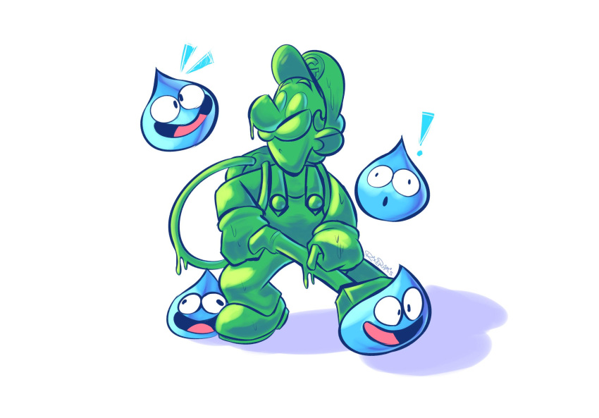 1boy artist_request blue_skin crossover dragon_quest earrings facial_hair gooigi highres jewelry luigi luigi's_mansion super_mario_bros. mario_bros. monster mustache open_mouth overalls slime slime_(dragon_quest) super_mario_bros. super_smash_bros. vacuum_cleaner