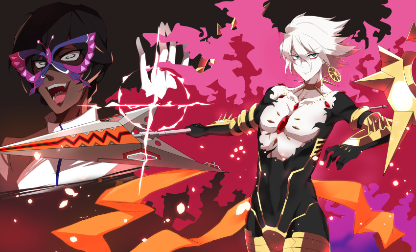 2boys absurdres aqua_eyes arjuna_(fate/grand_order) black_hair busou_renkin chest_jewel collar cosplay dark_skin dark_skinned_male fate/grand_order fate_(series) gloves highres holding holding_spear holding_weapon jewelry kagari_leroy karna_(fate) laughing male_focus mask multiple_boys papillon papillon_(cosplay) polearm single_earring spear spiked_collar spikes weapon weapon_connection white_gloves white_hair white_skin