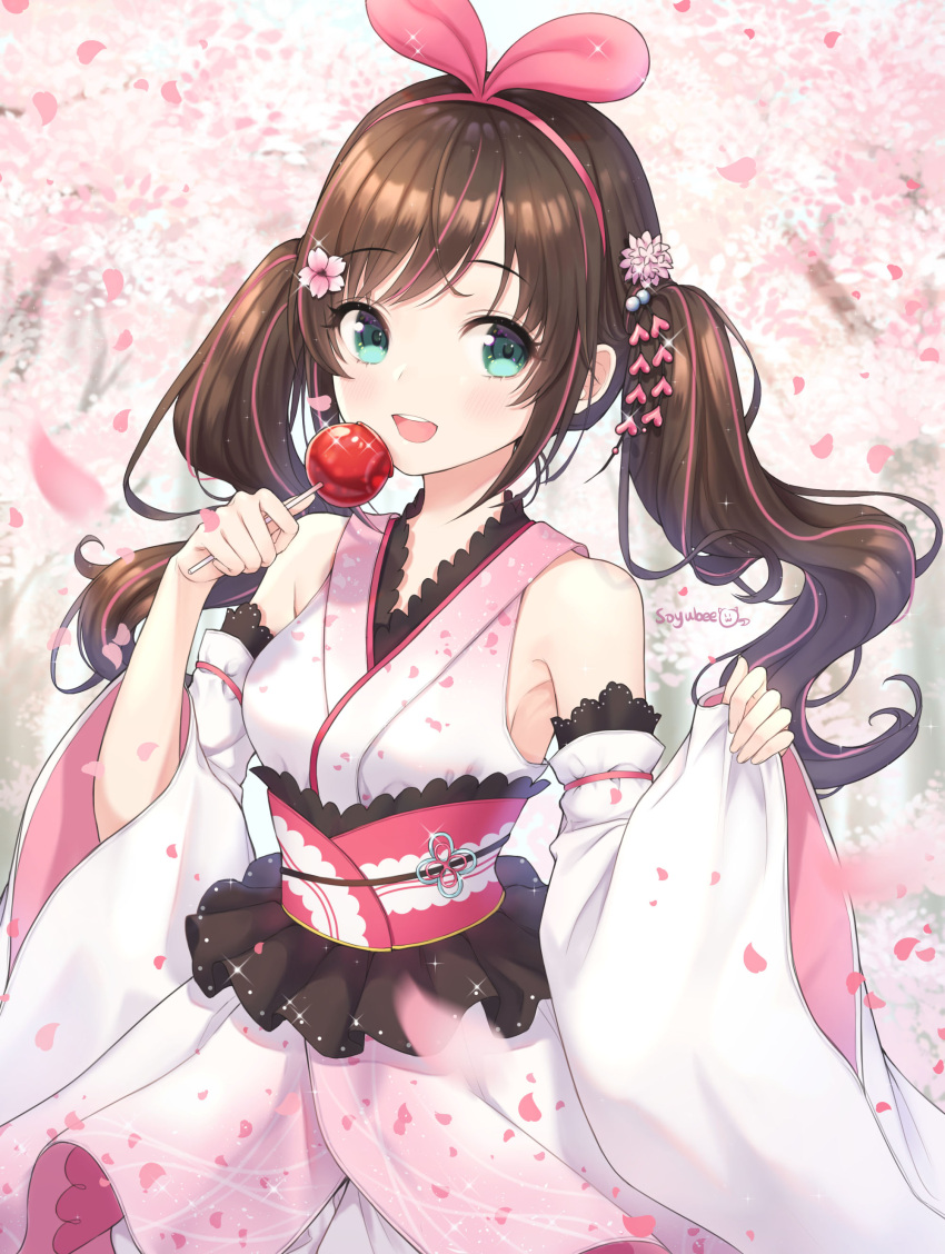 1girl :d a.i._channel absurdres aqua_eyes artist_name azur_lane bare_shoulders breasts brown_hair candy_apple cherry_blossoms detached_sleeves food glint hair_ornament hairband highres holding japanese_clothes kanzashi kimono kizuna_ai long_hair long_sleeves looking_at_viewer multicolored_hair obi open_mouth petals pink_hair sash sidelocks small_breasts smile solo soyubee sparkle streaked_hair twintails upper_body virtual_youtuber white_kimono wide_sleeves