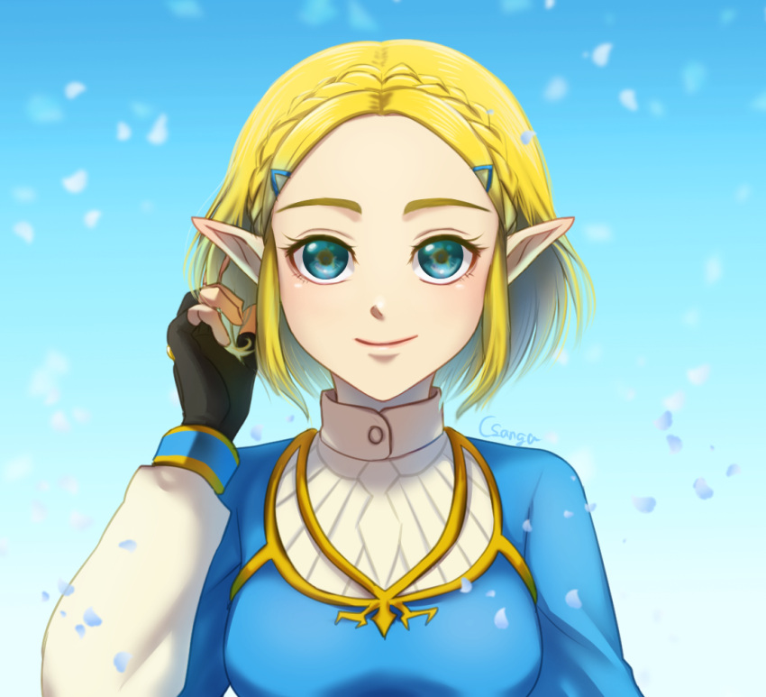 1girl artist_name bangs black_gloves blonde_hair blue_jacket braid breasts commentary_request fingerless_gloves gloves green_eyes hair_ornament hairclip jacket long_sleeves looking_at_viewer medium_breasts parted_bangs pointy_ears princess_zelda sangachie short_hair smile solo the_legend_of_zelda the_legend_of_zelda:_breath_of_the_wild_2