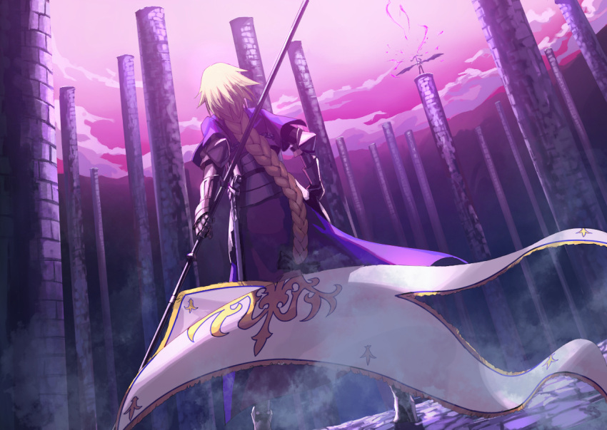 1girl armor armored_boots armored_dress banner blonde_hair boots braided_ponytail dress dutch_angle fate/apocrypha fate_(series) faulds from_behind high_heel_boots high_heels holding jeanne_d'arc_(fate) jeanne_d'arc_(fate)_(all) long_hair outdoors ponytail purple_dress standing very_long_hair zonotaida