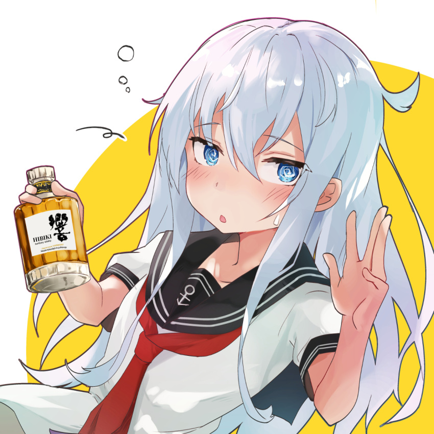 1girl @_@ alcohol anchor_symbol black_legwear blue_eyes blush bottle cube_(cube00) drunk hair_between_eyes hibiki_(kantai_collection) hibiki_(whisky) highres kantai_collection long_hair looking_at_viewer neckerchief open_mouth red_neckwear sailor_collar school_uniform serafuku short_sleeves silver_hair solo two-tone_background white_background yellow_background