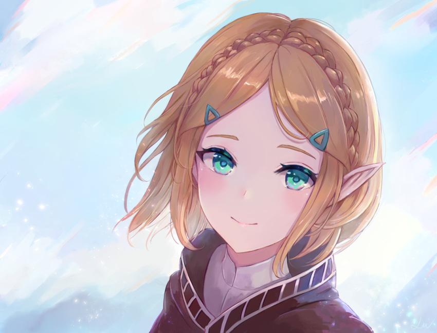 1girl bangs blonde_hair blue_background braid cape crown_braid green_eyes hair_ornament hairclip leonmandala looking_at_viewer parted_bangs pointy_ears princess_zelda short_hair smile solo the_legend_of_zelda the_legend_of_zelda:_breath_of_the_wild the_legend_of_zelda:_breath_of_the_wild_2 upper_body