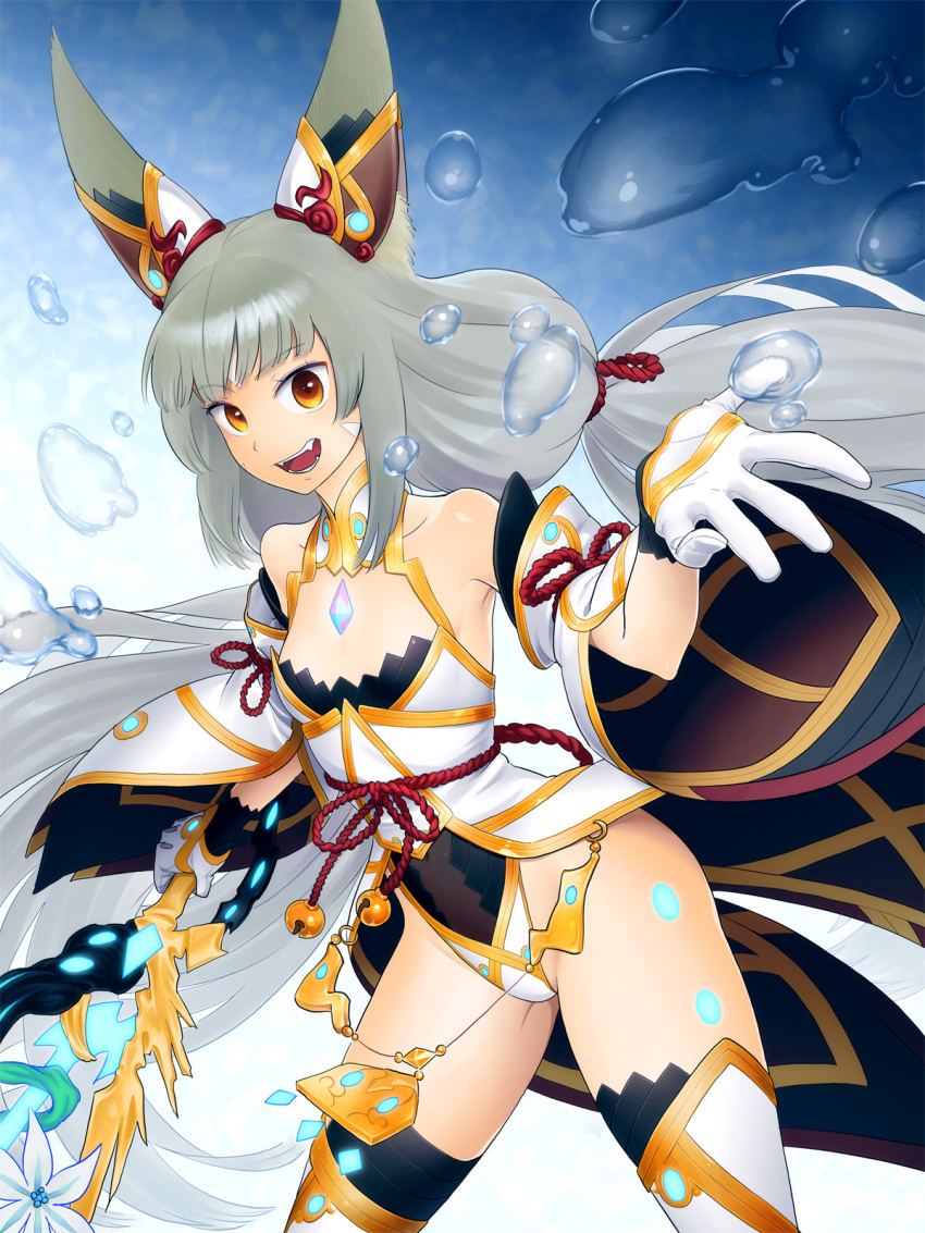 1girl :d animal_ear_fluff animal_ears bangs bare_shoulders breasts bubble cat_ears detached_sleeves eyebrows_visible_through_hair facial_mark fangs gloves highleg highleg_leotard highres holding holding_sword holding_weapon leotard long_hair looking_at_viewer low_twintails natto_soup niyah open_mouth orange_eyes silver_hair small_breasts smile solo spoilers sword teeth thigh-highs twintails very_long_hair weapon white_gloves white_legwear xenoblade_(series) xenoblade_2