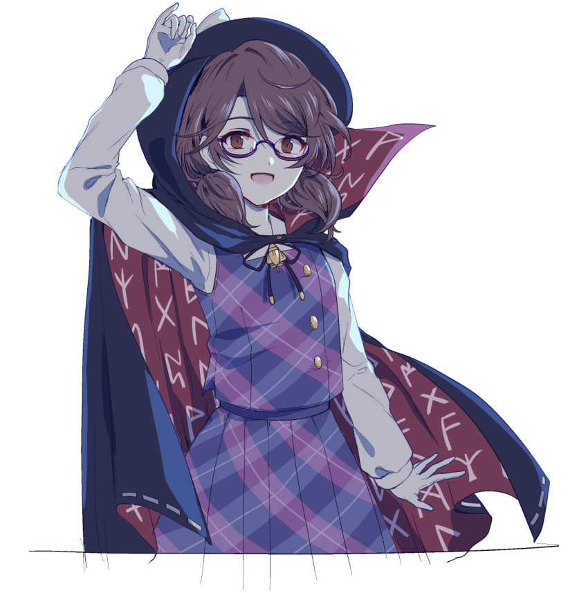 1girl :d arm_up bangs black_cape black_headwear bow brown_eyes brown_hair cape cowboy_shot fedora glasses gloves hair_between_eyes hat hat_bow high_collar highres long_sleeves looking_at_viewer low_twintails open_mouth plaid plaid_skirt plaid_vest pleated_skirt purple_skirt purple_vest red-framed_eyewear shirt short_hair simple_background skirt skirt_set smile solo standing touhou twintails uranaishi_(miraura) usami_sumireko vest white_background white_bow white_gloves white_shirt