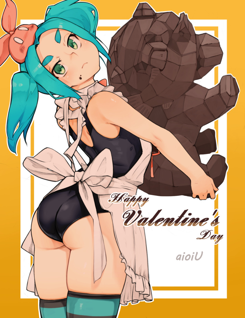 1girl aioi_u apron arched_back ass bare_arms bare_shoulders black_swimsuit blue_hair chocolate closed_mouth frown green_eyes happy_valentine highres monogatari_(series) one-piece_swimsuit ononoki_yotsugi outline short_hair solo striped striped_legwear swimsuit thick_eyebrows thigh-highs thighs twintails valentine white_apron white_outline