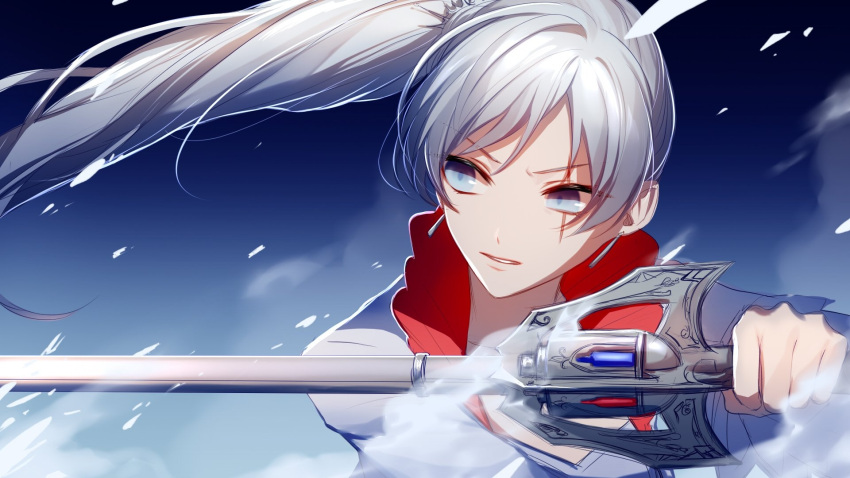 1girl asd13 blue_eyes collarbone hair_between_eyes highres holding holding_weapon long_hair long_sleeves parted_lips portrait rwby scar scar_across_eye shiny shiny_hair silver_hair solo upper_body very_long_hair weapon weiss_schnee