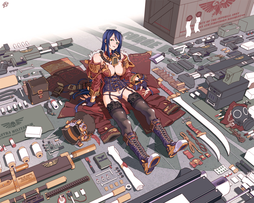 1girl aiguillette ammo_box ammunition assault_rifle bare_shoulders black_legwear blue_hair bolter boots breasts bullet circle_a crate detached_sleeves english_text fingerless_gloves fourragere garter_straps gas_mask gloves green_eyes gun handgun hat heavy_bolter imperial_guard knife large_breasts lasgun legs long_hair magazine_(weapon) military notebook panties pen pill pouch purity_seal rifle scope shako_cap signature sitting skull solo sword thigh-highs underwear warhammer_40k weapon