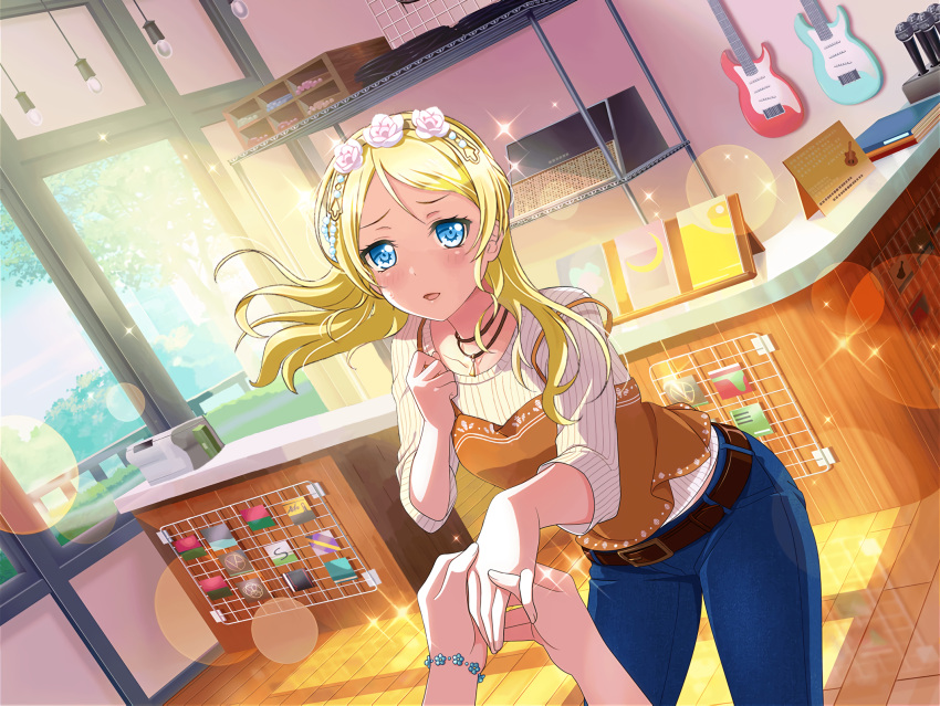 1girl ayase_eli belt blonde_hair blue_eyes blue_pants blush bracelet brown_belt collarbone denim dutch_angle floating_hair flower guitar hair_flower hair_ornament head_wreath highres holding_hands indoors ink_(pixiv25450915) instrument jewelry lens_flare long_hair long_sleeves looking_at_viewer love_live! love_live!_school_idol_project necklace open_mouth pants ribbed_sweater sweater white_flower white_sweater