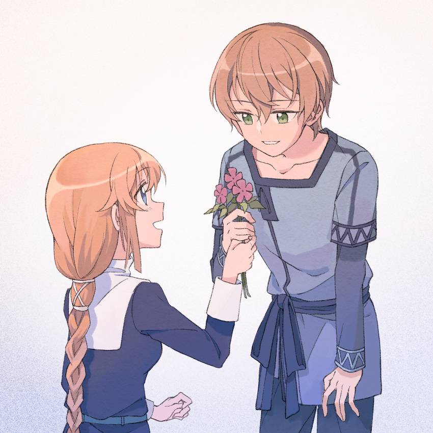 1boy 1girl :d absurdres blue_eyes blue_ribbon blue_shirt braided_ponytail brown_hair collarbone cowboy_shot eugeo eye_contact flower green_eyes grin highres holding holding_flower leaning_forward long_hair long_sleeves looking_at_another nauxii open_mouth pink_flower ponytail ribbon sailor_collar selka_schuberg shirt short_over_long_sleeves short_sleeves simple_background smile sword_art_online white_background white_sailor_collar