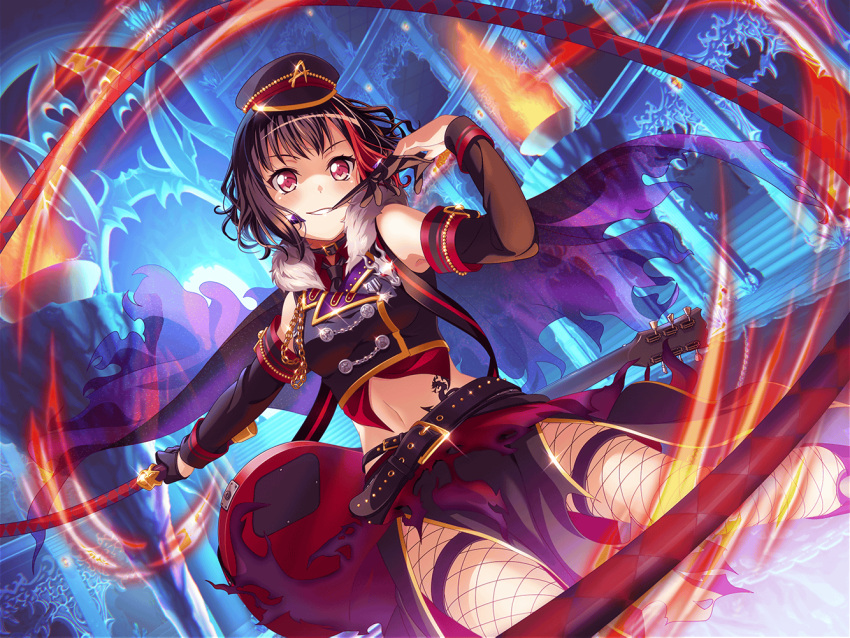 1girl bang_dream! black_hair blush darkness dress fire guitar looking_at_viewer magic mitake_ran official_art red_eyes short_hair smile smirk solo whip