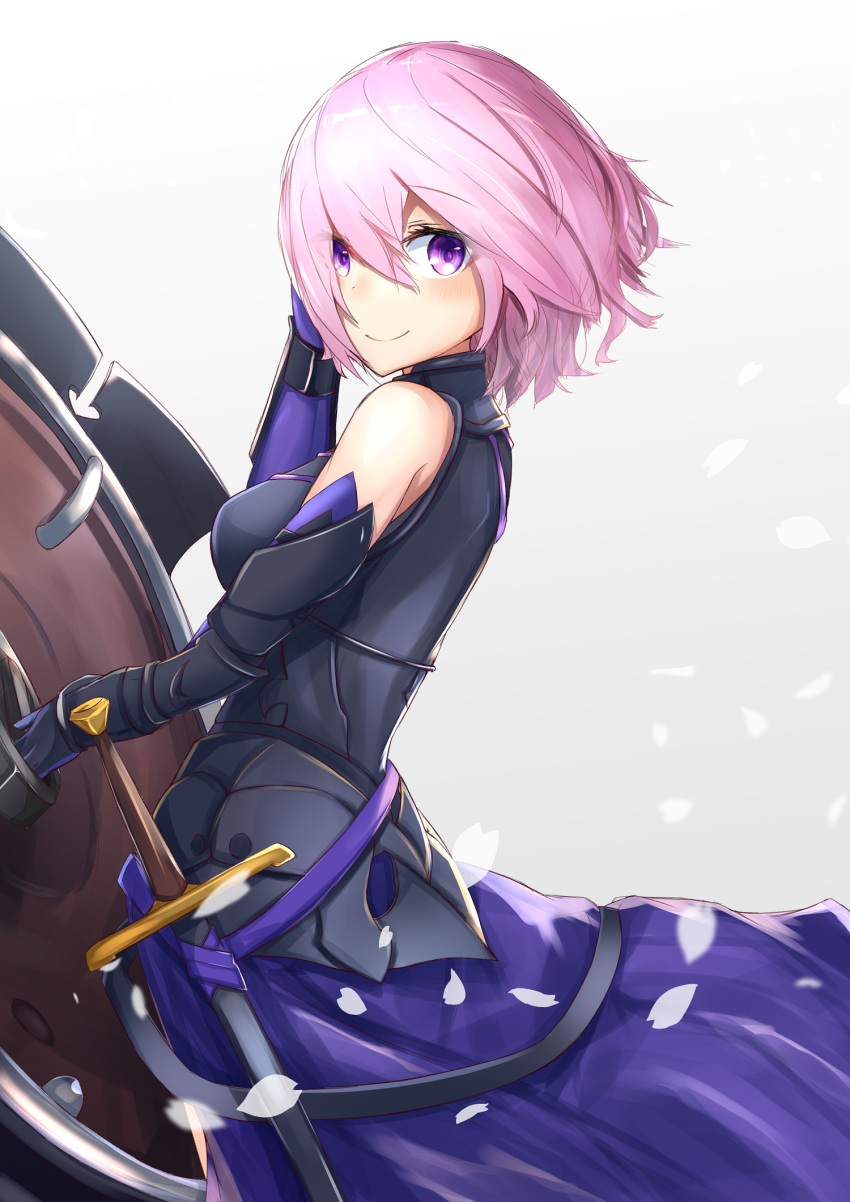 1girl armored_leotard black_gloves black_leotard blush closed_mouth elbow_gloves eyebrows_visible_through_hair fate/grand_order fate_(series) from_side gloves hair_between_eyes hand_in_hair highres leotard looking_at_viewer mash_kyrielight nanakaku pink_hair purple_skirt sheath sheathed short_hair skirt smile solo standing sword violet_eyes weapon white_background