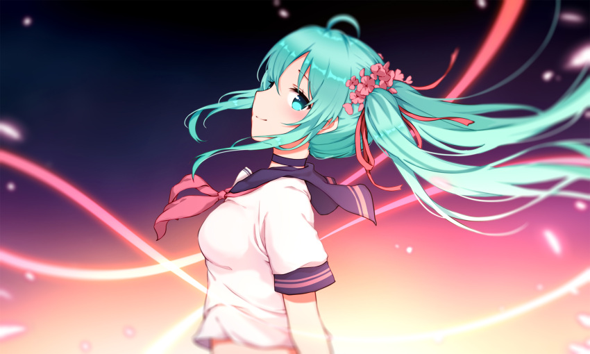 1girl ahoge blue_eyes blue_hair blue_sailor_collar blurry closed_mouth floating_hair flocflower flower from_side hair_between_eyes hair_flower hair_ornament hair_ribbon hatsune_miku highres long_hair pink_flower pink_neckwear profile red_ribbon ribbon sailor_collar school_uniform serafuku shiny shiny_hair shirt short_sleeves smile solo upper_body very_long_hair vocaloid white_shirt