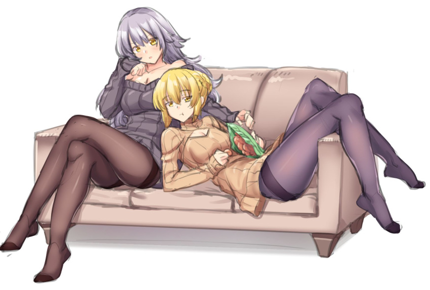 2girls artoria_pendragon_(all) bangs bare_shoulders black_legwear black_ribbon blonde_hair breasts cleavage_cutout couch eating eyebrows_visible_through_hair fate/grand_order fate/stay_night fate_(series) gloves grey_hair hair_between_eyes hair_ribbon highres jeanne_d'arc_(alter)_(fate) jeanne_d'arc_(fate)_(all) large_breasts long_hair looking_at_viewer medium_breasts multiple_girls neck_ribbon pantyhose ribbed_sweater ribbon saber_alter shirokuma_a simple_background sweater white_background white_gloves yellow_eyes