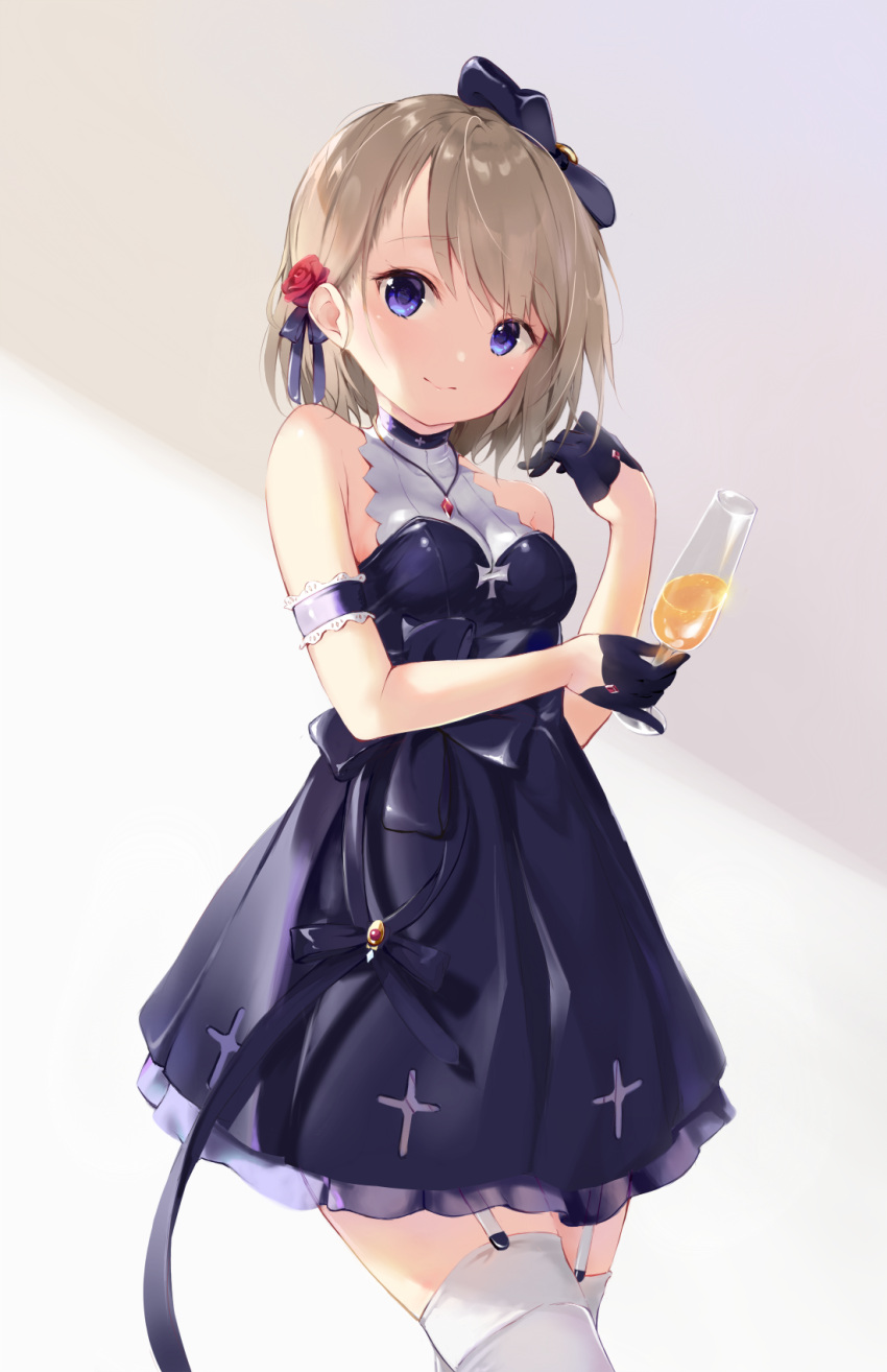 1girl armband azur_lane bangs bare_shoulders black_dress black_gloves blonde_hair blue_eyes champagne_flute commentary cowboy_shot cup dress drinking_glass evening_gown flower garter_straps gloves hair_flower hair_ornament hair_ribbon half_gloves head_tilt highres holding holding_cup jewelry looking_at_viewer necklace ribbon short_hair sleeveless smile solo t-bth thigh-highs z23_(azur_lane)