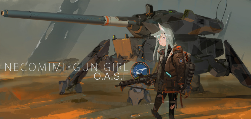 1girl animal_ears assault_rifle backpack bag black_legwear blurry cat_ears coat dagger depth_of_field desert fingerless_gloves gloves gun hair_ornament hairclip legwear_under_shorts long_hair looking_at_viewer looking_to_the_side mecha military open_mouth original outdoors pantyhose pink_eyes rifle science_fiction shorts silhouette silver_hair sky sling soldier tommy830219 torn_clothes torn_legwear united_nations weapon