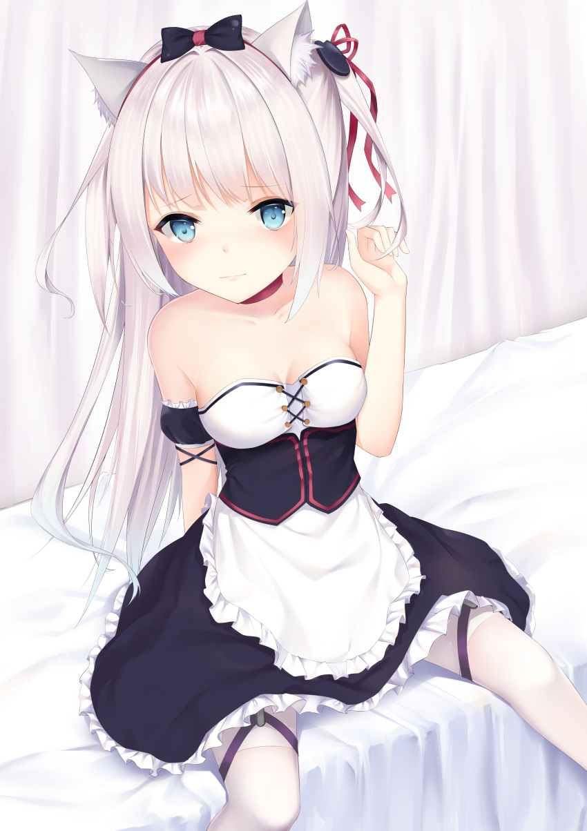 1girl absurdres animal_ear_fluff animal_ears apron azur_lane bangs bare_shoulders bed black_bow black_dress black_sleeves blue_eyes blush bow breasts cat_ears cat_hair_ornament choker closed_mouth collarbone detached_sleeves dress eyebrows_visible_through_hair frilled_apron frills grey_hair hair_ornament hair_ribbon hammann_(azur_lane) hand_up highres karin_(fineyanny) long_hair looking_at_viewer medium_breasts on_bed one_side_up pantyhose puffy_short_sleeves puffy_sleeves red_choker red_ribbon remodel_(azur_lane) ribbon short_sleeves sidelocks sitting sitting_on_bed solo strapless strapless_dress very_long_hair waist_apron white_apron white_legwear