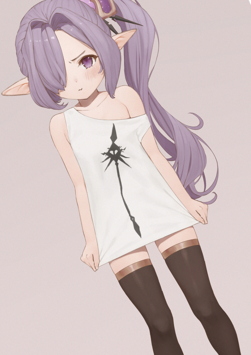 1girl anouetto bare_shoulders black_legwear blush collarbone commentary granblue_fantasy hair_ornament hair_over_one_eye harvin highres long_hair looking_at_viewer nio_(granblue_fantasy) pointy_ears pout purple_hair shirt shirt_tug side_ponytail simple_background solo strap_slip t-shirt thigh-highs violet_eyes white_shirt