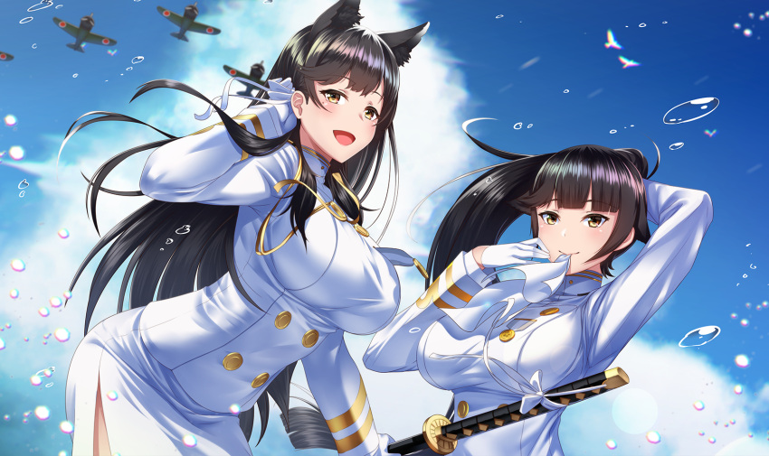 2girls :d animal_ears atago_(azur_lane) azur_lane bangs black_hair black_legwear blue_sky blush bow breasts brown_eyes closed_mouth clouds day extra_ears eyebrows_visible_through_hair floating_hair gloves hair_bow hair_flaps hair_ribbon hair_tucking highres holding holding_hair holding_sword holding_weapon kagiyama_(gen'ei_no_hasha) katana large_breasts leaning_forward long_hair looking_at_viewer military military_uniform miniskirt mole mole_under_eye mouth_hold multiple_girls navel open_mouth outdoors pleated_skirt ponytail ribbon ribbon_in_mouth sheath sheathed skirt sky smile swept_bangs sword takao_(azur_lane) uniform very_long_hair weapon white_bow white_ribbon wind