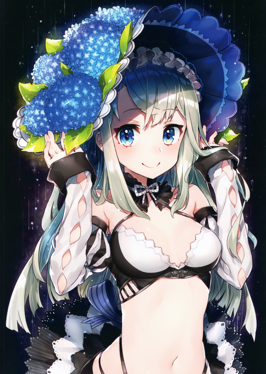 1girl absurdres bare_shoulders blue_eyes blue_flower breasts breasts_apart closed_mouth crop_top detached_sleeves flower frills halterneck hands_up hat hat_flower highleg highres leaf long_hair long_sleeves looking_at_viewer medium_breasts midriff mika_pikazo navel original scan sidelocks silver_hair skirt smile solo stomach upper_body