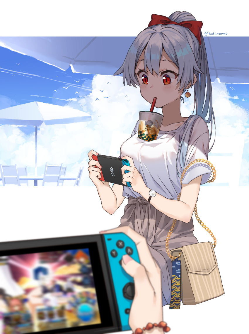 1girl absurdres bag bangs beach_umbrella bird blue_sky brown_skirt bubble_tea bubble_tea_challenge chain chair clouds commentary_request contemporary covered_nipples drinking_straw earrings fate/grand_order fate_(series) gold_chain hair_ribbon handbag highres jewelry long_hair merlin_(fate) meta nintendo_switch outside_border pov pov_hands red_eyes red_ribbon ribbon sesshouin_kiara shirt silver_hair skirt sky slit_pupils tamamo_(fate)_(all) tamamo_no_mae_(fate) tomoe_gozen_(fate/grand_order) translated tsukino_(nakajimaseiki) twitter_username umbrella very_long_hair watch white_shirt wristband