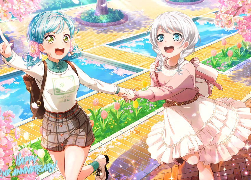 2girls :d aqua_legwear aqua_shirt bang_dream! belt blue_eyes blue_hair braid brown_belt collared_shirt day dress_shirt green_eyes grey_skirt highres hikawa_hina holding_hands index_finger_raised ink_(pixiv25450915) layered_skirt lens_flare long_sleeves miniskirt multiple_girls open_mouth outdoors outstretched_arm pencil_skirt pink_shirt plaid plaid_skirt running shirt short_hair silver_hair skirt smile socks sparkle sunlight sweater twin_braids wakamiya_eve white_skirt white_sweater wing_collar