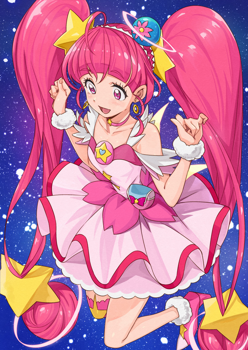 1girl :d absurdres ahoge bangs blunt_bangs choker cure_star dress earrings full_body fur-trimmed_footwear hair_ornament high_heels highres hoshina_hikaru huge_filesize jewelry kanmiya_shinobu long_hair magical_girl open_mouth pink_dress pink_eyes pink_footwear pink_hair pink_legwear precure single_thighhigh sky smile solo star star_(sky) star_hair_ornament star_twinkle_precure starry_sky thigh-highs twintails wrist_cuffs