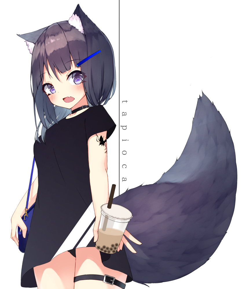 1girl absurdres animal_ear_fluff animal_ears bag bangs belt_buckle belt_collar black_collar black_dress black_hair black_panties blush breasts bubble_tea buckle butterfly_tattoo collar commentary cowboy_shot cup disposable_cup dress drinking_straw eyebrows_visible_through_hair fang fox_ears fox_girl fox_tail hair_between_eyes hair_ornament hairclip handbag highres holding holding_cup leg_belt long_hair looking_at_viewer mayogii open_mouth original panties short_dress short_sleeves shoulder_bag simple_background small_breasts solo standing tail tattoo underwear violet_eyes white_background