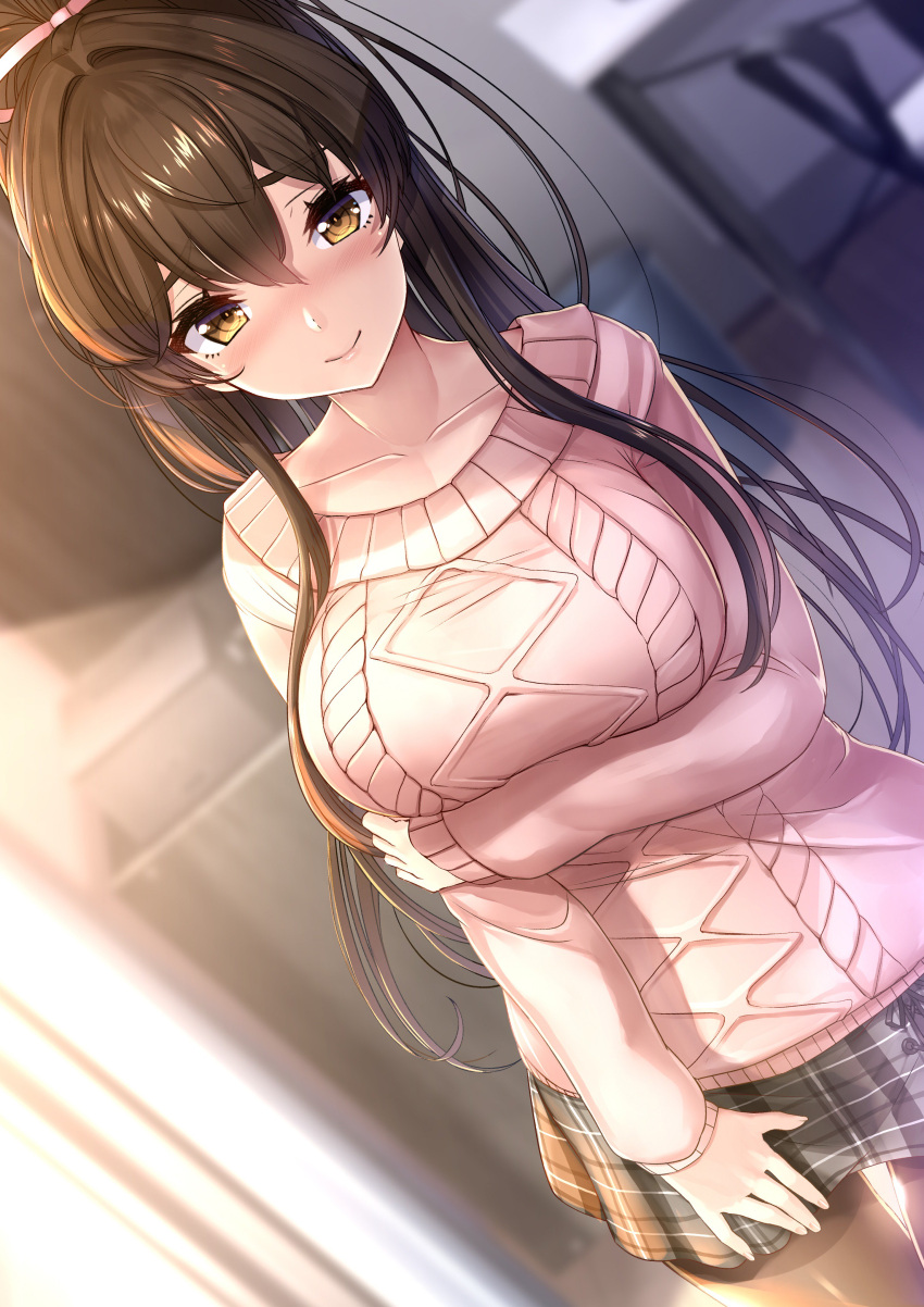 1girl absurdres akasaai blush breasts brown_eyes brown_hair dutch_angle grey_skirt highres large_breasts long_hair looking_at_viewer original pink_sweater plaid plaid_skirt ponytail skirt smile solo sweater