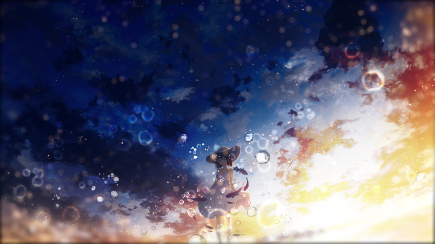1girl backlighting brown_hair bubble closed_eyes clouds collarbone commentary dark dress fish happy hat highres light_particles original scenery short_hair skirt_hold sky smile solo sun_hat sundress sunrise surreal tears white_dress y_y_(ysk_ygc)