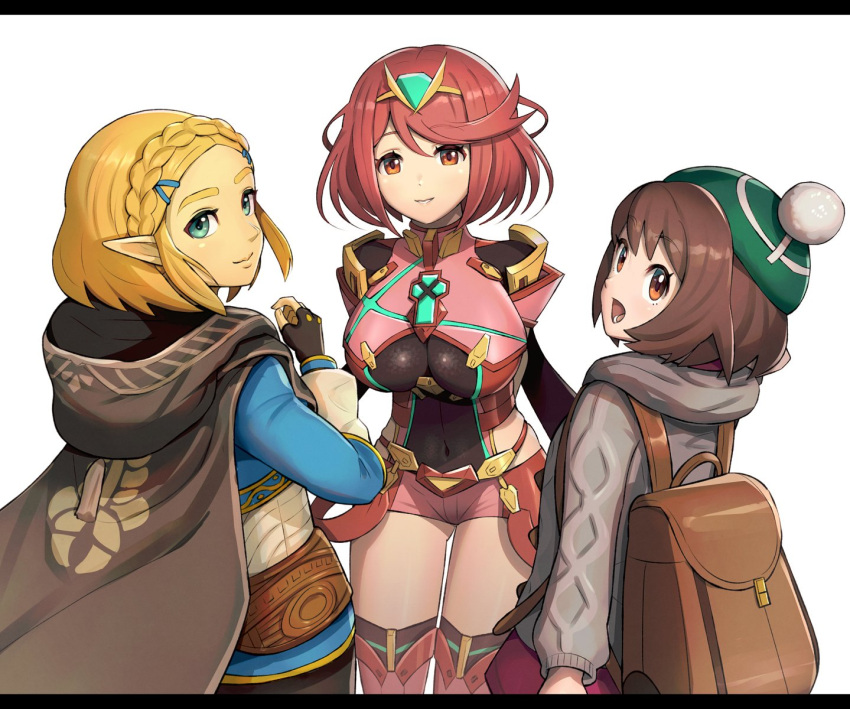 3girls backpack bag bangs blonde_hair braid breasts brown_eyes brown_hair cape cardigan covered_navel creatures_(company) crossover crown_braid dress earrings female_protagonist_(pokemon_swsh) fingerless_gloves game_freak gem gloves gonzarez green_headwear grey_cardigan hair_ornament hairclip hat headpiece highres pyra_(xenoblade) human hylian jewelry long_sleeves looking_at_viewer monolith_soft navel nintendo nintendo_ead olm_digital open_mouth parted_bangs pink_dress pointy_ears pokemon pokemon_(game) pokemon_swsh princess_zelda red_eyes red_shorts redhead short_hair shorts shoulder_armor smile super_smash_bros. swept_bangs tam_o'_shanter the_legend_of_zelda the_legend_of_zelda:_breath_of_the_wild the_legend_of_zelda:_breath_of_the_wild_2 thick_eyebrows tiara xenoblade_(series) xenoblade_2
