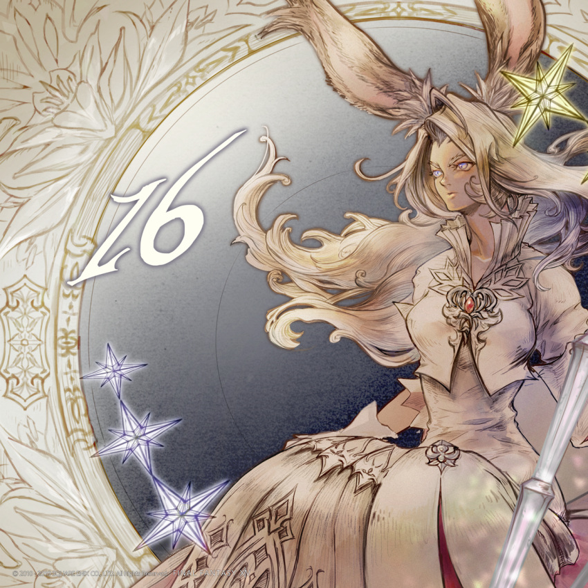 1girl animal_ears closed_mouth dress facing_viewer final_fantasy final_fantasy_xiv gloves grey_eyes high_collar highres long_hair looking_to_the_side official_art rabbit_ears sitting solo staff star viera watermark white_dress white_gloves white_hair