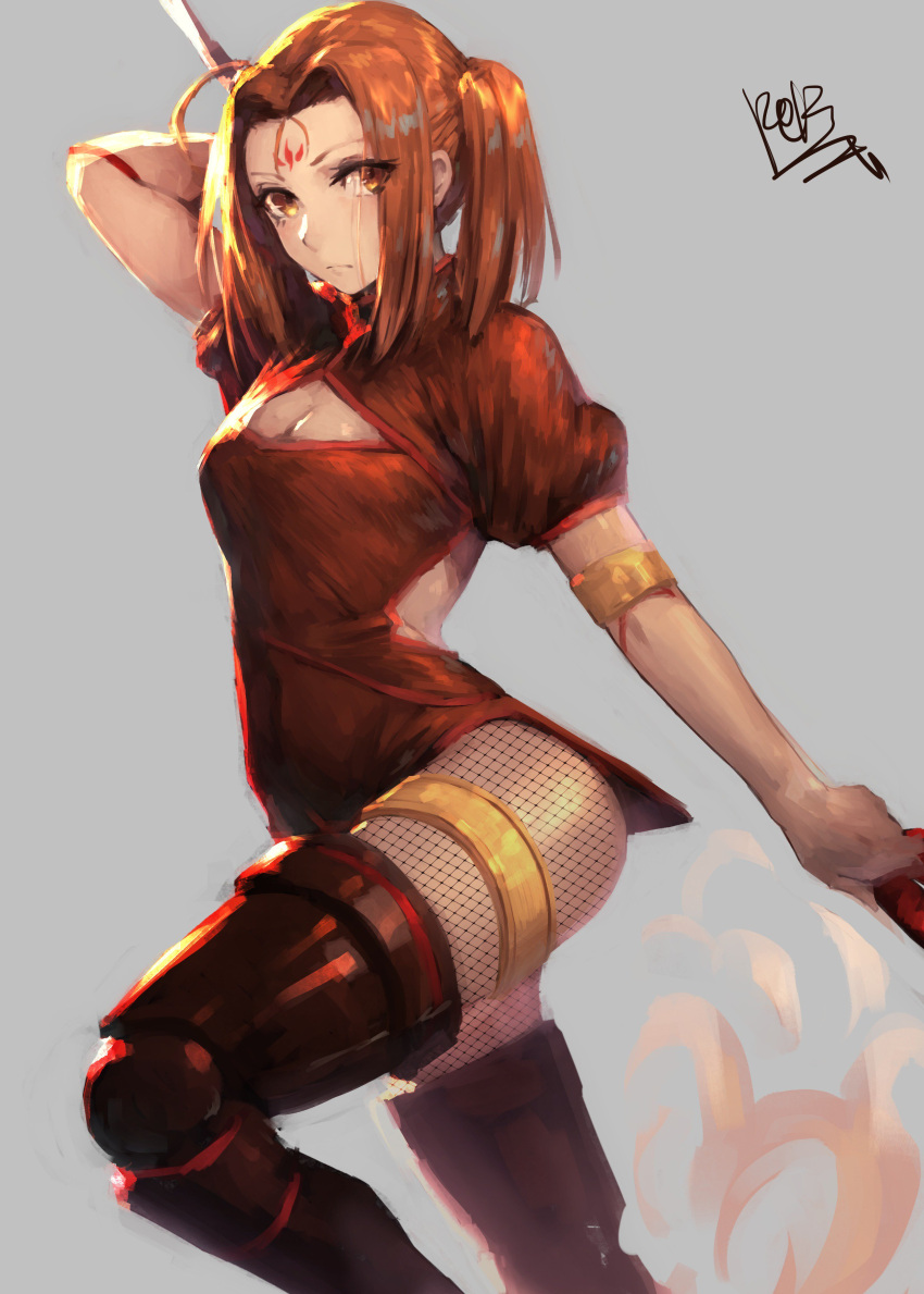 1girl absurdres ahoge armlet boots brown_eyes brown_hair china_dress chinese_clothes cleavage_cutout dress facial_mark fate/grand_order fate_(series) fishnet_pantyhose fishnets forehead_mark grey_background highres nezha_(fate/grand_order) pantyhose peperon_(peperou) polearm spear thigh-highs thigh_boots thighlet twintails weapon