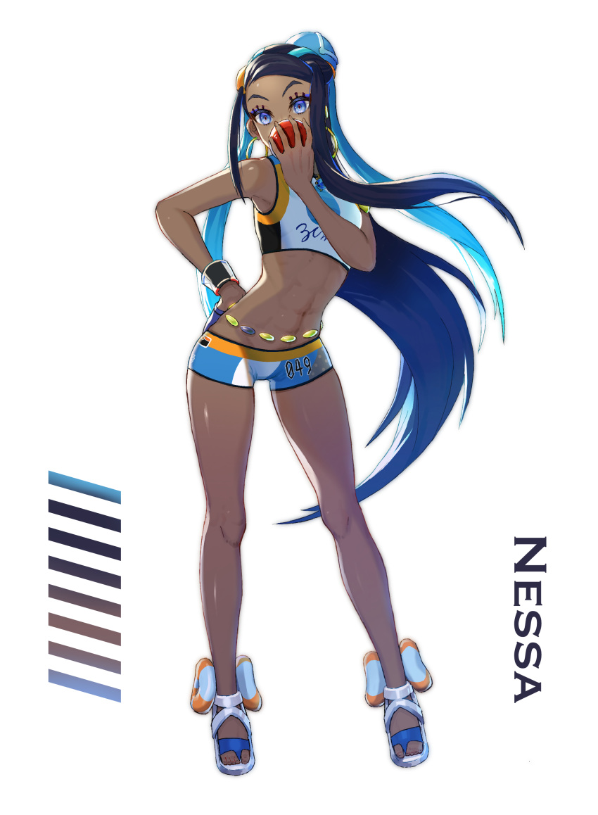 1girl absurdres armpits bare_arms bare_legs bare_shoulders black_hair blue_eyes blue_gloves blue_hair character_name clothes_writing crop_top dark_skin earrings eyeshadow forehead full_body gloves hand_on_hip highres holding holding_poke_ball hoop_earrings innertube jewelry legs_apart long_hair looking_at_viewer makeup multicolored_hair navel necklace poke_ball poke_ball_(generic) pokemon pokemon_(game) pokemon_swsh rerere rurina_(pokemon) sandals short_shorts shorts simple_background single_glove solo standing stomach sweatband toned two-tone_hair very_long_hair white_background white_footwear