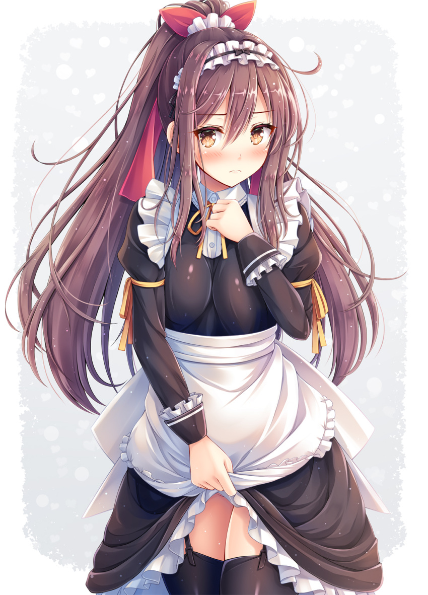 1girl 3: akashio_(loli_ace) apron bangs black_dress black_legwear blush breasts brown_eyes brown_hair closed_mouth collared_dress commentary_request cowboy_shot dress dress_lift eyebrows_visible_through_hair frilled_apron frills frown garter_straps hair_between_eyes hair_ornament hair_ribbon hand_on_own_chest hand_up high_ponytail highres juliet_sleeves large_breasts light_particles long_hair long_sleeves looking_at_viewer maid maid_apron maid_headdress original ponytail puffy_sleeves red_ribbon ribbon sidelocks solo standing thigh-highs waist_apron white_apron wing_collar
