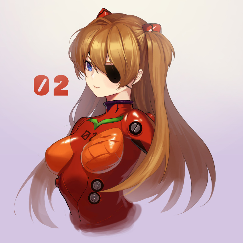 1girl blue_eyes bodysuit brown_hair closed_mouth cropped_torso evangelion:_3.0_you_can_(not)_redo eyepatch floating_hair grey_background headgear highres loading_(vkjim0610) long_hair neon_genesis_evangelion plugsuit rebuild_of_evangelion red_bodysuit shikinami_asuka_langley shiny shiny_clothes simple_background smile solo souryuu_asuka_langley very_long_hair