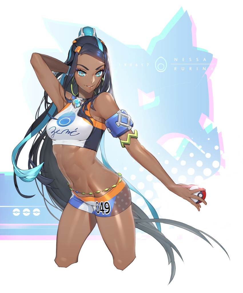 1girl absurdres arm_behind_head armlet armpit_crease armpits bare_shoulders black_hair blue_eyes blue_hair breasts crop_top cropped_legs dark_skin earrings gloves hair_ornament half-closed_eyes highres hoop_earrings jewelry jukebox_(hsy7582) long_hair midriff multicolored_hair navel necklace poke_ball pokemon pokemon_(game) pokemon_swsh rurina_(pokemon) shorts single_glove smile solo sportswear two-tone_hair