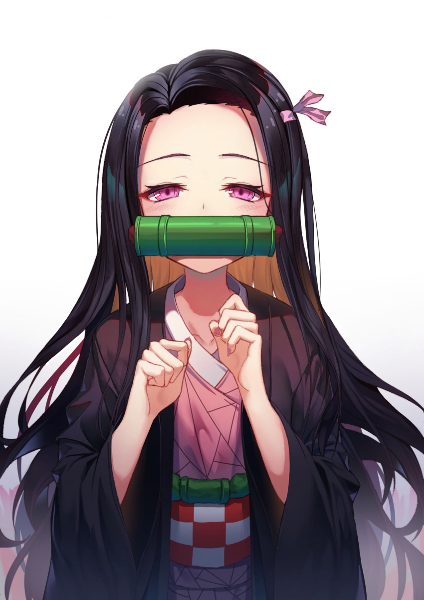 1girl bamboo bangs black_hair blush brown_hair checkered collarbone commentary_request fingernails forehead gradient gradient_background grey_background hair_ribbon half-closed_eyes hands_up highres japanese_clothes kamado_nezuko kimetsu_no_yaiba kimono long_hair long_sleeves looking_at_viewer mouth_hold multicolored_hair obi open_clothes parted_bangs pink_eyes pink_kimono pink_ribbon ribbon sash solo sugar_(dndi888) two-tone_hair upper_body very_long_hair white_background wide_sleeves
