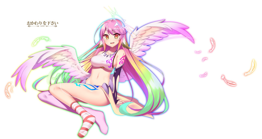 1girl angel_wings artist_name breasts bridal_gauntlets commentary commission cowfee crop_top cross english_commentary feathered_wings feathers gradient_eyes gradient_hair halo highres jibril_(no_game_no_life) large_breasts long_hair looking_at_viewer low_wings magic_circle midriff mismatched_legwear multicolored multicolored_eyes multicolored_hair navel no_game_no_life open_mouth orange_eyes pink_hair sideboob smile solo symbol-shaped_pupils tattoo very_long_hair wing_ears wings yellow_eyes