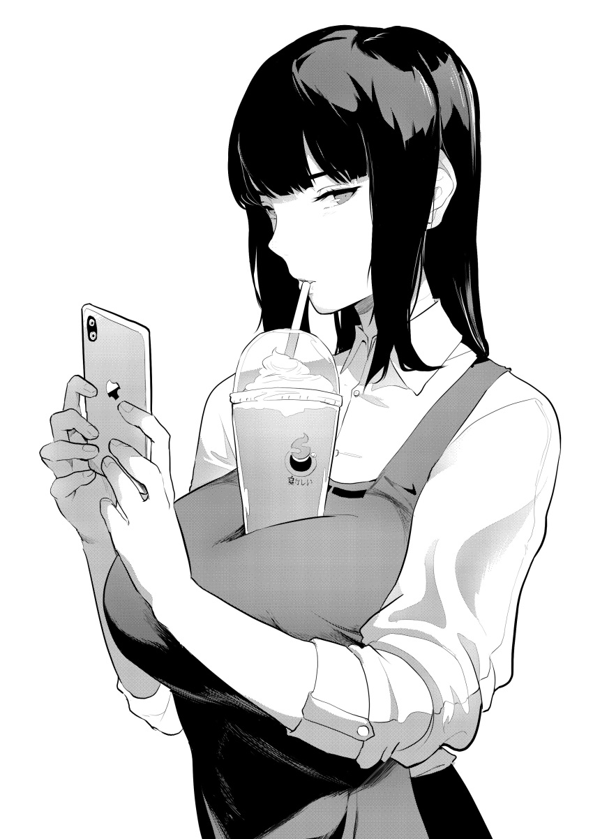 1girl absurdres apron bangs barista blunt_bangs breasts bubble_tea_challenge cellphone collared_shirt commentary cup disposable_cup drinking_straw english_commentary frappuccino greyscale highres hime_cut holding holding_cellphone holding_phone large_breasts long_hair looking_at_viewer monochrome naoko-san naoko_(9113419) object_on_breast original phone shirt simple_background sleeves_folded_up smartphone solo upper_body white_background